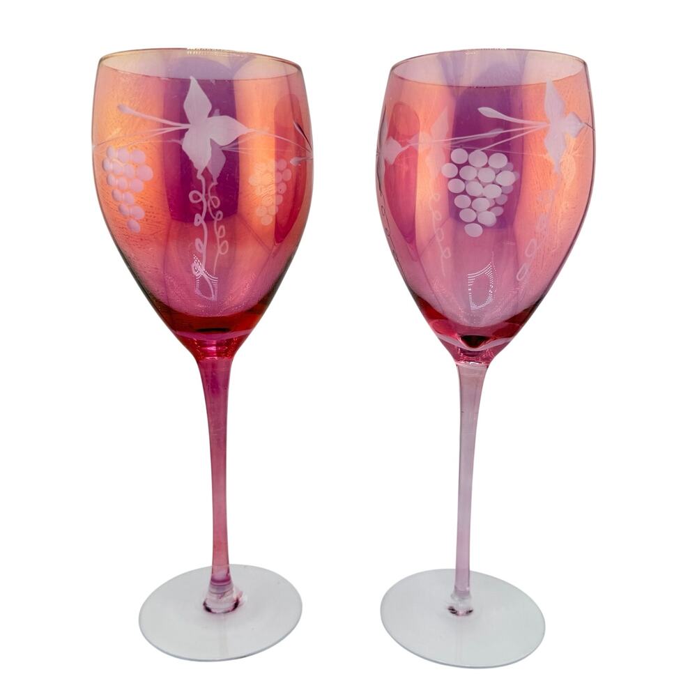 1970s 1980s Cranberry Pink Iridescent Etched Grapes Leaves Wine Glasses Vintage